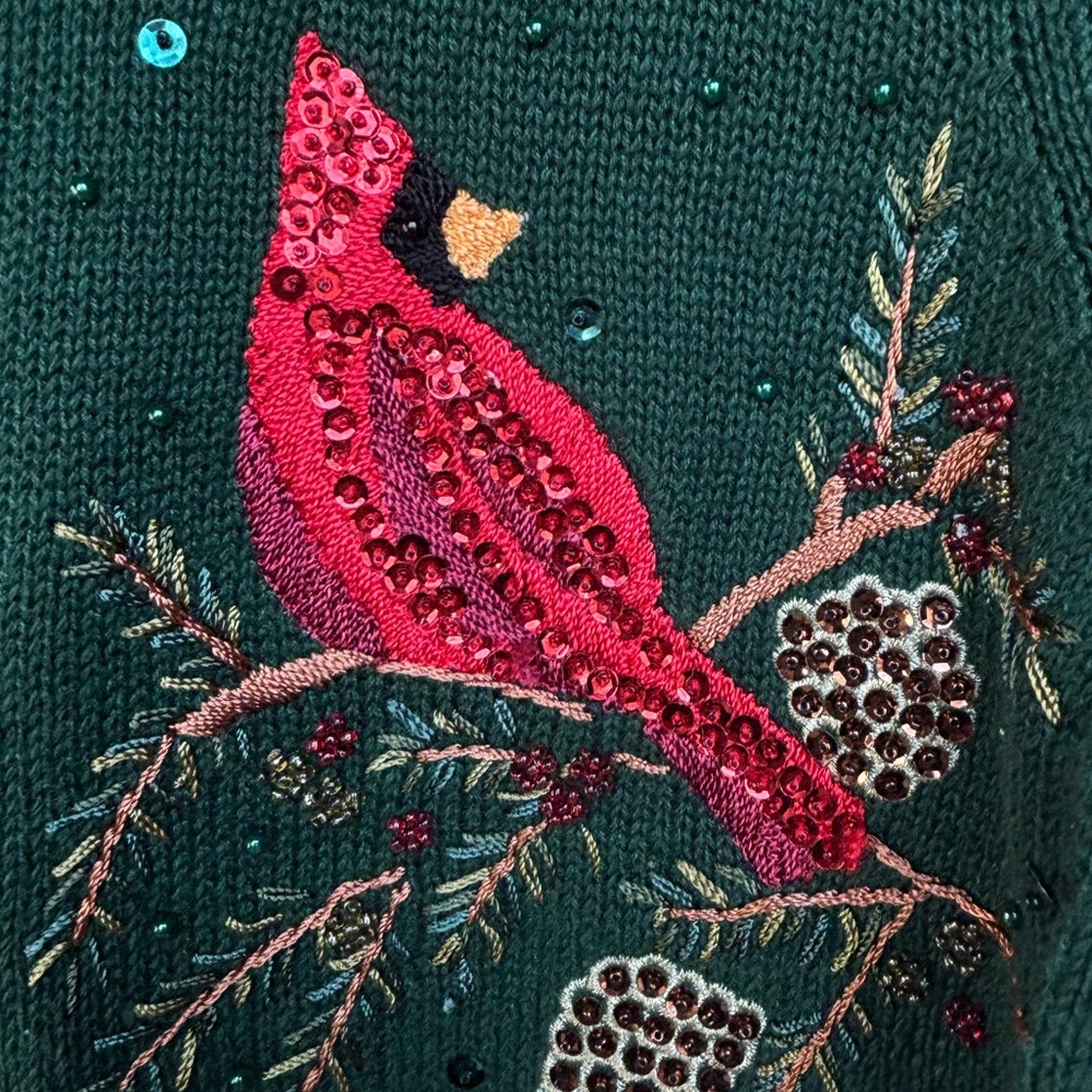 VTG Cardinal Winter Holiday Christmas Sweater Zip-up Cardigan Beaded Sequins Med - Picture 5 of 14